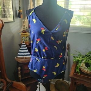 Blue Wrap Tank bodysuit with Fruit Print